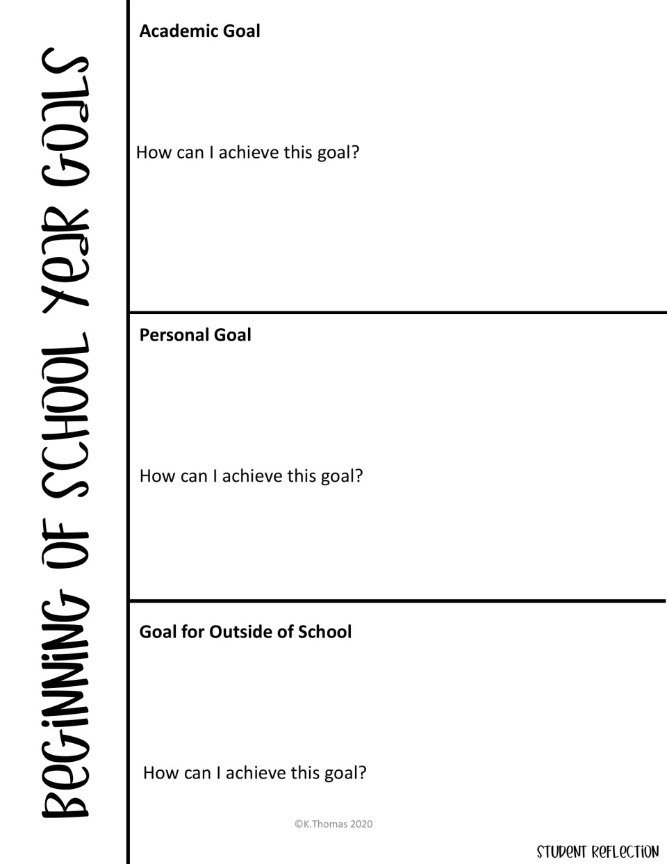 Beginning of school year goals: students write an academic, a personal and an outside-of-school goal and how to reach each