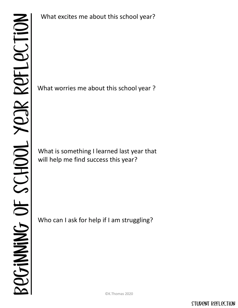 Start-of-year reflection: students write what excites and worries them, a lesson from last year and who can help them