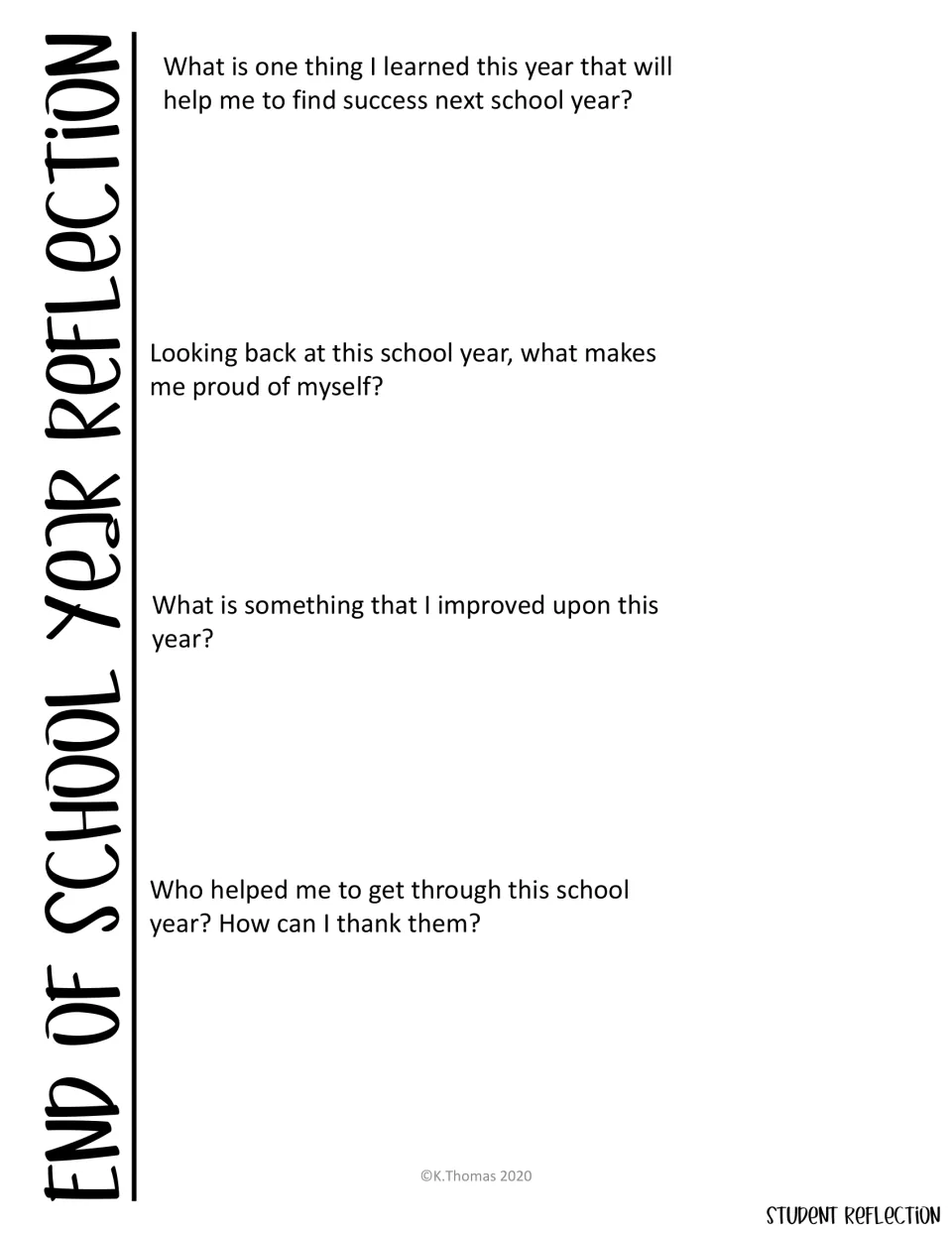 End of year student reflection: students note a lesson learned, what makes them proud, an improvement and who helped them