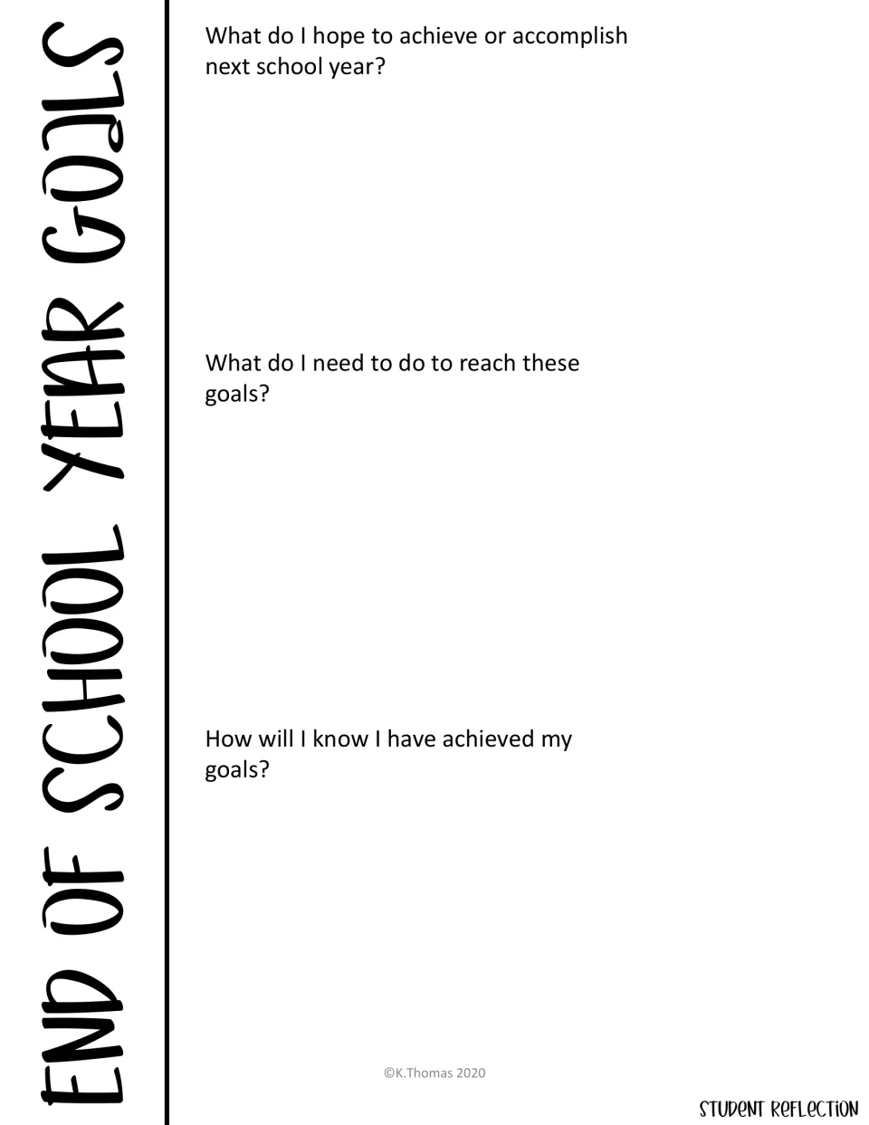 End of school year goals: students write what they hope to achieve next year, steps to reach it and how they will know