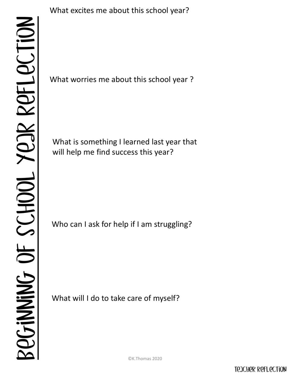 Teacher start-of-year reflection: prompts on excitement, worries, last year's lessons, who to ask for help and self-care