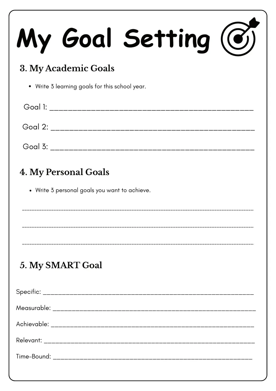 SMART goal planning: students write 3 academic and 3 personal targets, then define Specific through Time-Bound