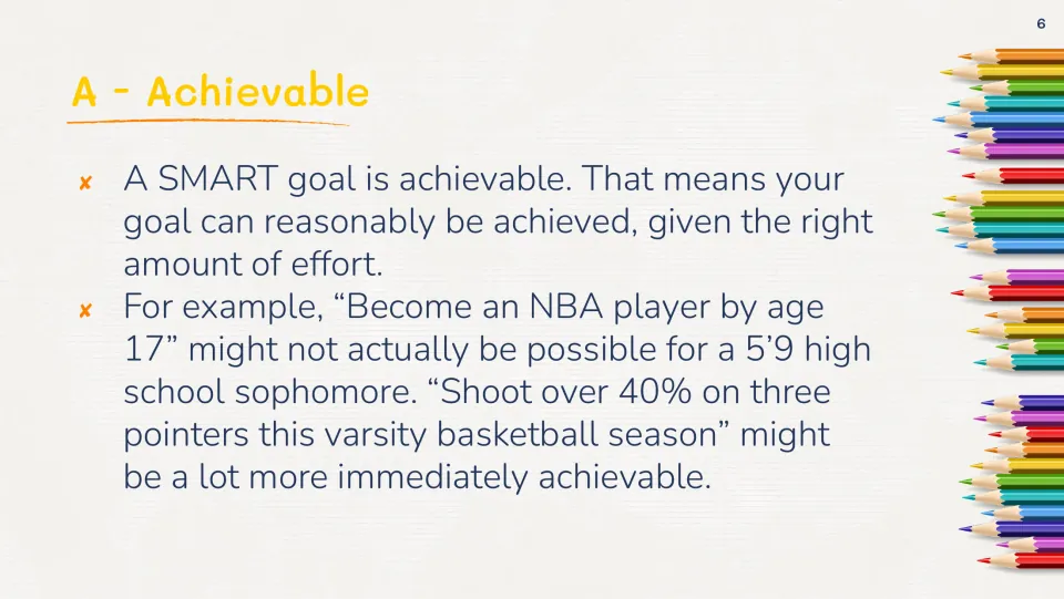 A for Achievable: contrasts becoming an NBA player by age 17 with shooting over 40% on three-pointers this season