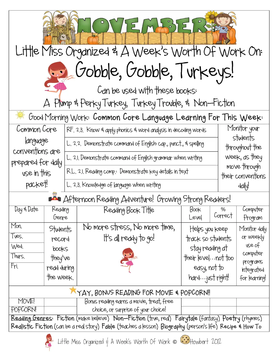 Turkey reading packet overview lists weekly language skills, companion books, and reading tracking features.