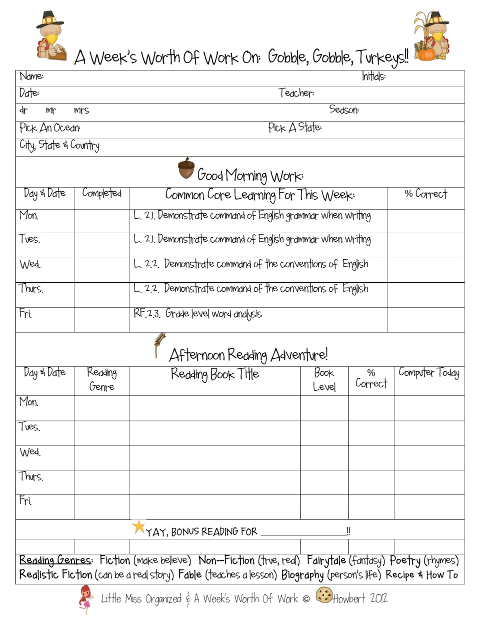 Weekly turkey packet tracker records completed morning work, reading titles, genres, levels, and accuracy.
