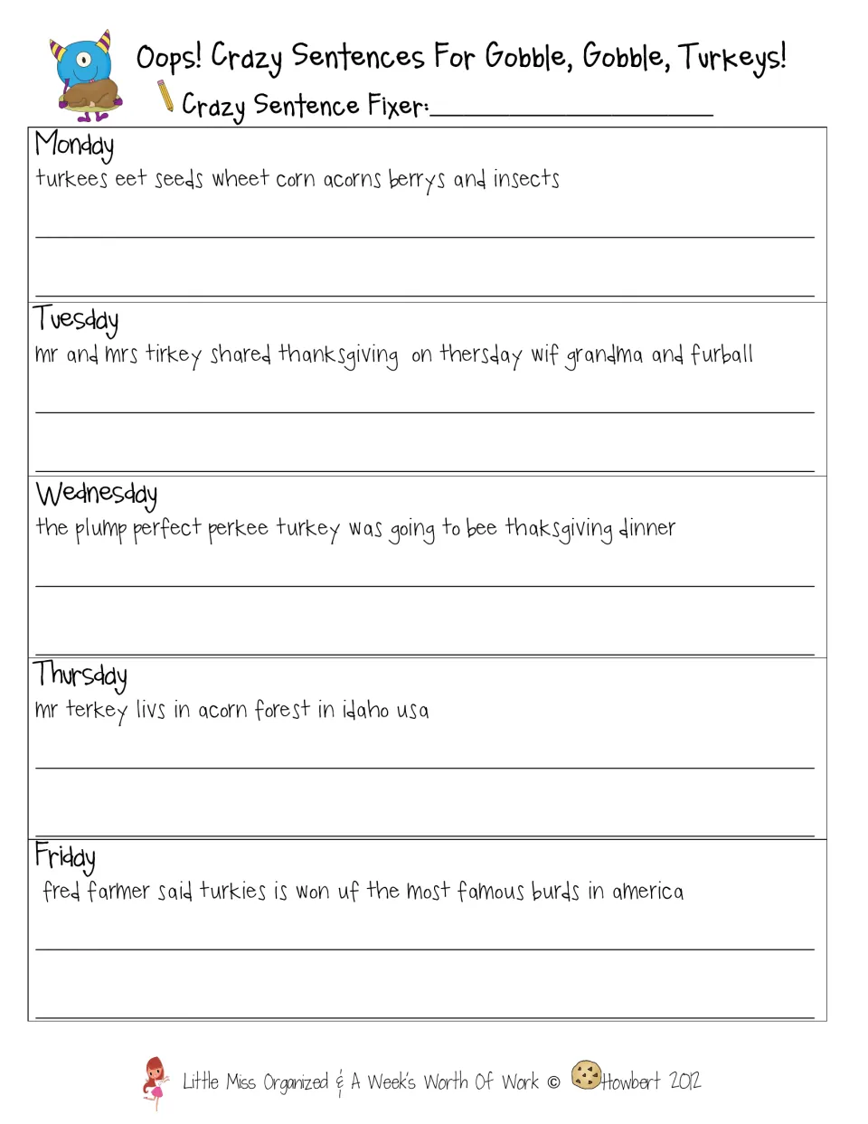 Daily sentence correction practice includes five turkey sentences about food, Thanksgiving, and forest life.