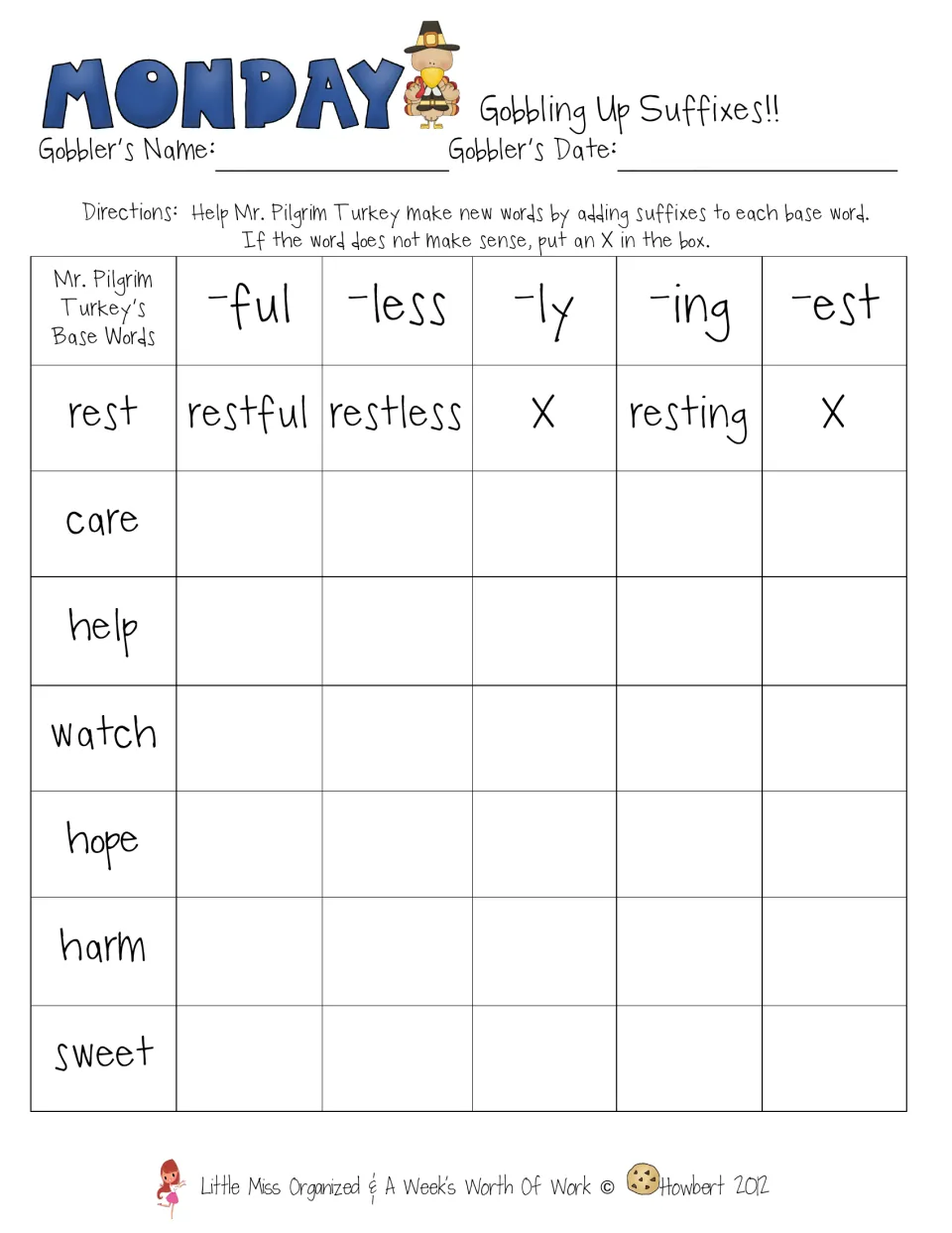 Monday's suffix practice adds -ful, -less, -ly, -ing, and -est to rest, care, help, watch, hope, harm, and sweet.