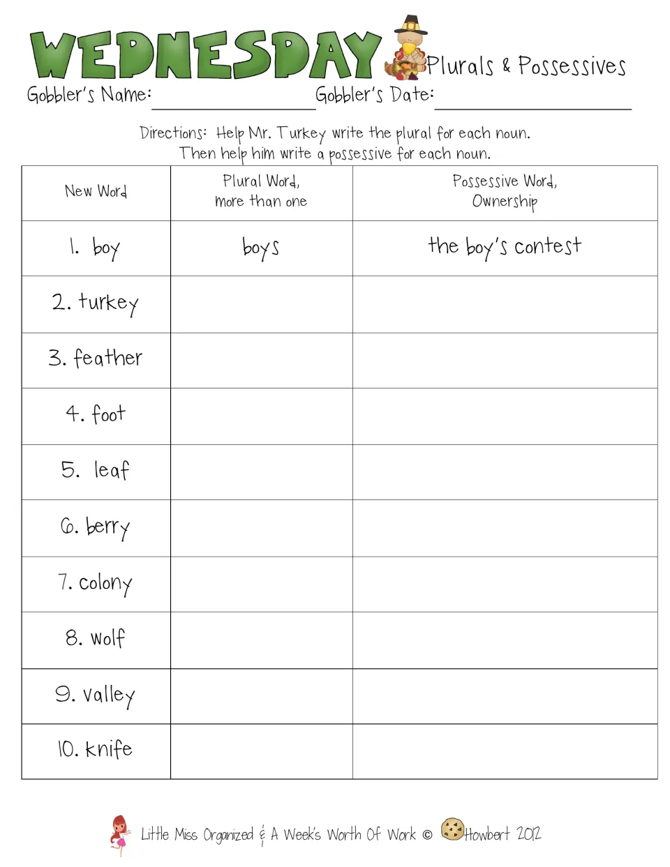 Wednesday's plural and possessive practice covers ten nouns, including boy, turkey, feather, foot, and leaf.