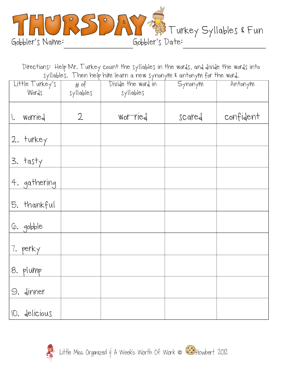 Thursday's vocabulary practice asks for syllable counts, word divisions, synonyms, and antonyms for ten words.