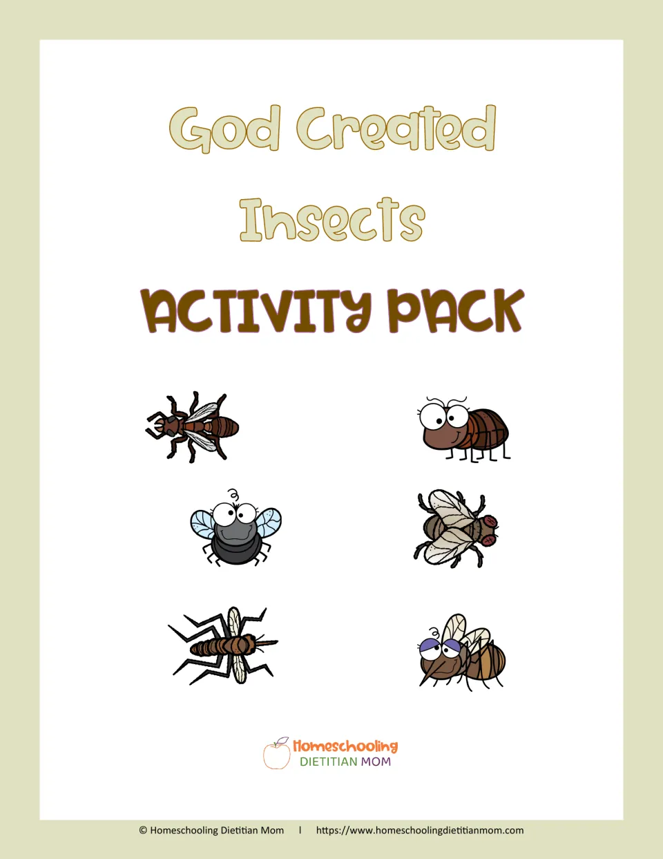 God Created Insects Activity Pack cover showing six cartoon insects: ants, houseflies and mosquitoes in color