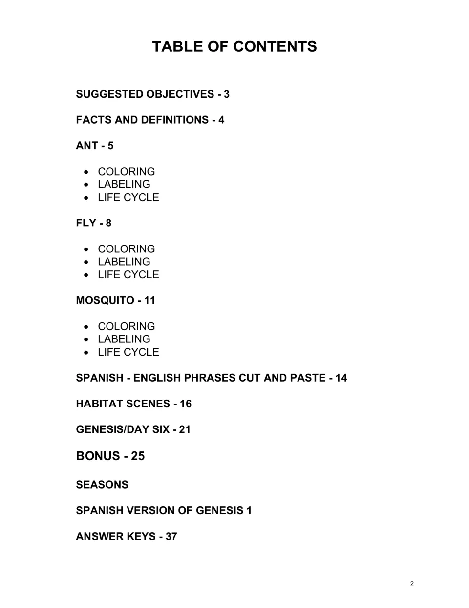 Table of contents listing ant, fly and mosquito coloring, labeling and life cycle pages, habitat scenes and Genesis Day Six