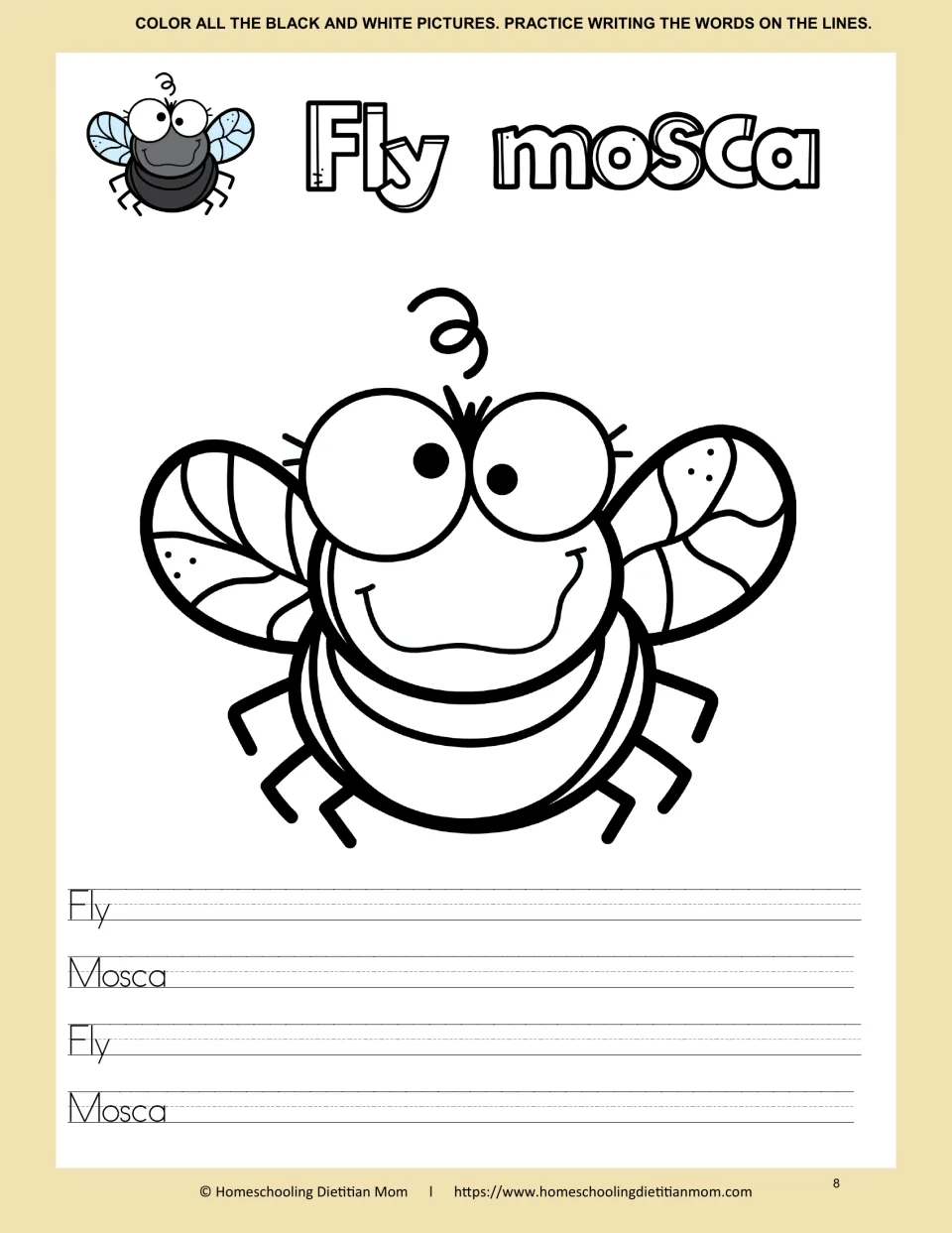 Fly and mosca: students color a cartoon fly and write the English and Spanish words on handwriting lines
