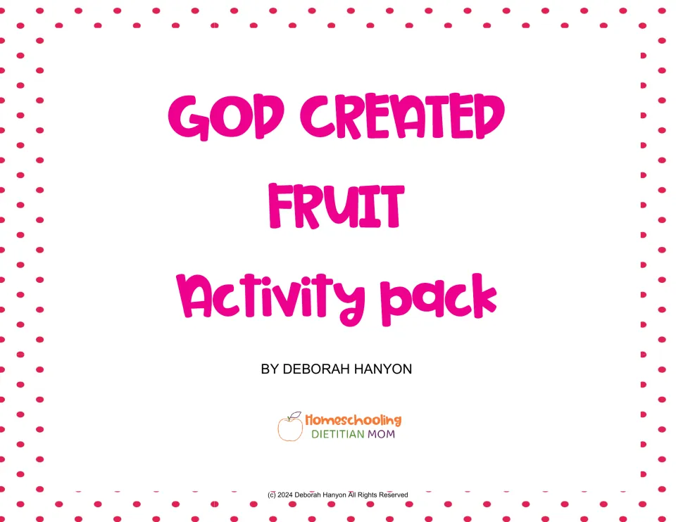 Cover of the God Created Fruit activity pack by Deborah Hanyon, combining literacy games and Bible study