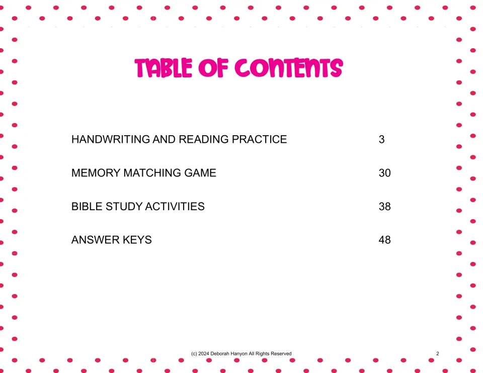Activity pack contents: handwriting and reading practice, memory matching game, Bible study, and answer keys