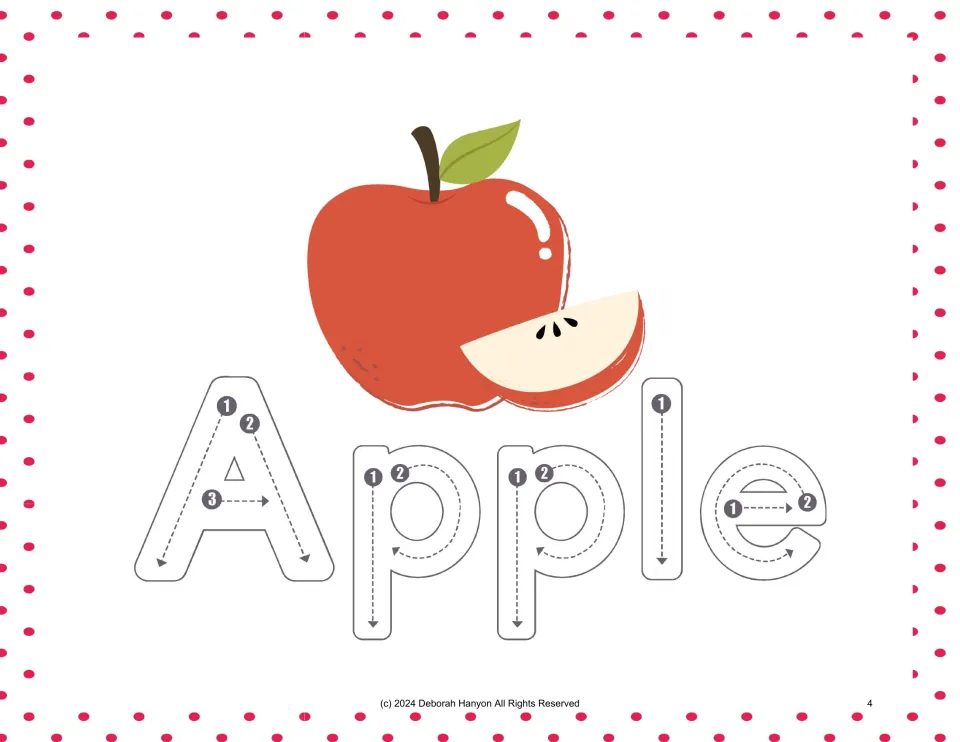 Fruit handwriting practice for Apple, pairing an apple illustration with numbered letter tracing arrows