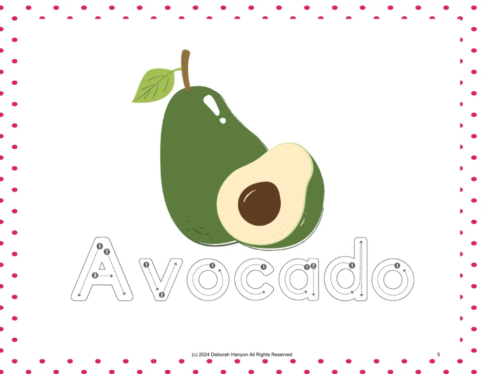 Fruit handwriting practice for Avocado, pairing an avocado illustration with numbered tracing arrows