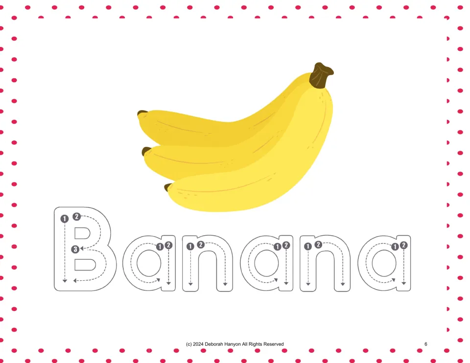 Fruit handwriting practice for Banana, pairing a bunch of bananas with numbered letter tracing arrows