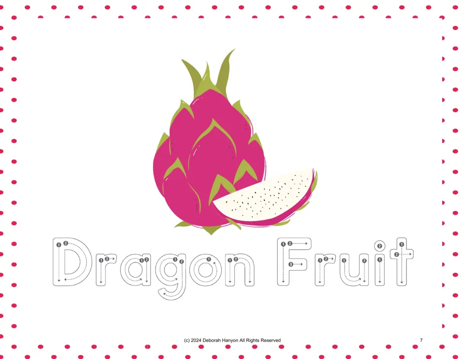 Fruit handwriting practice for Dragon Fruit, pairing the fruit illustration with numbered tracing arrows