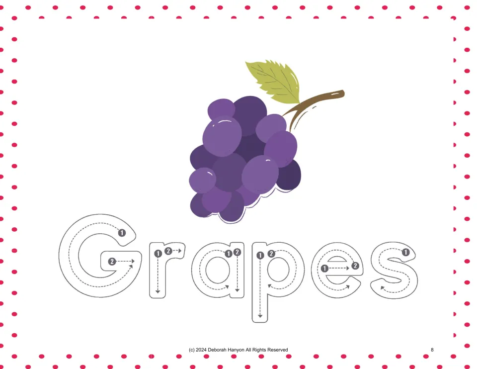 Fruit handwriting practice for Grapes, pairing a bunch of purple grapes with numbered tracing arrows