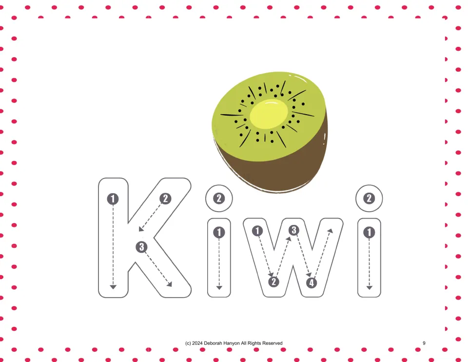 Fruit handwriting practice for Kiwi, pairing a cut kiwi illustration with numbered letter tracing arrows