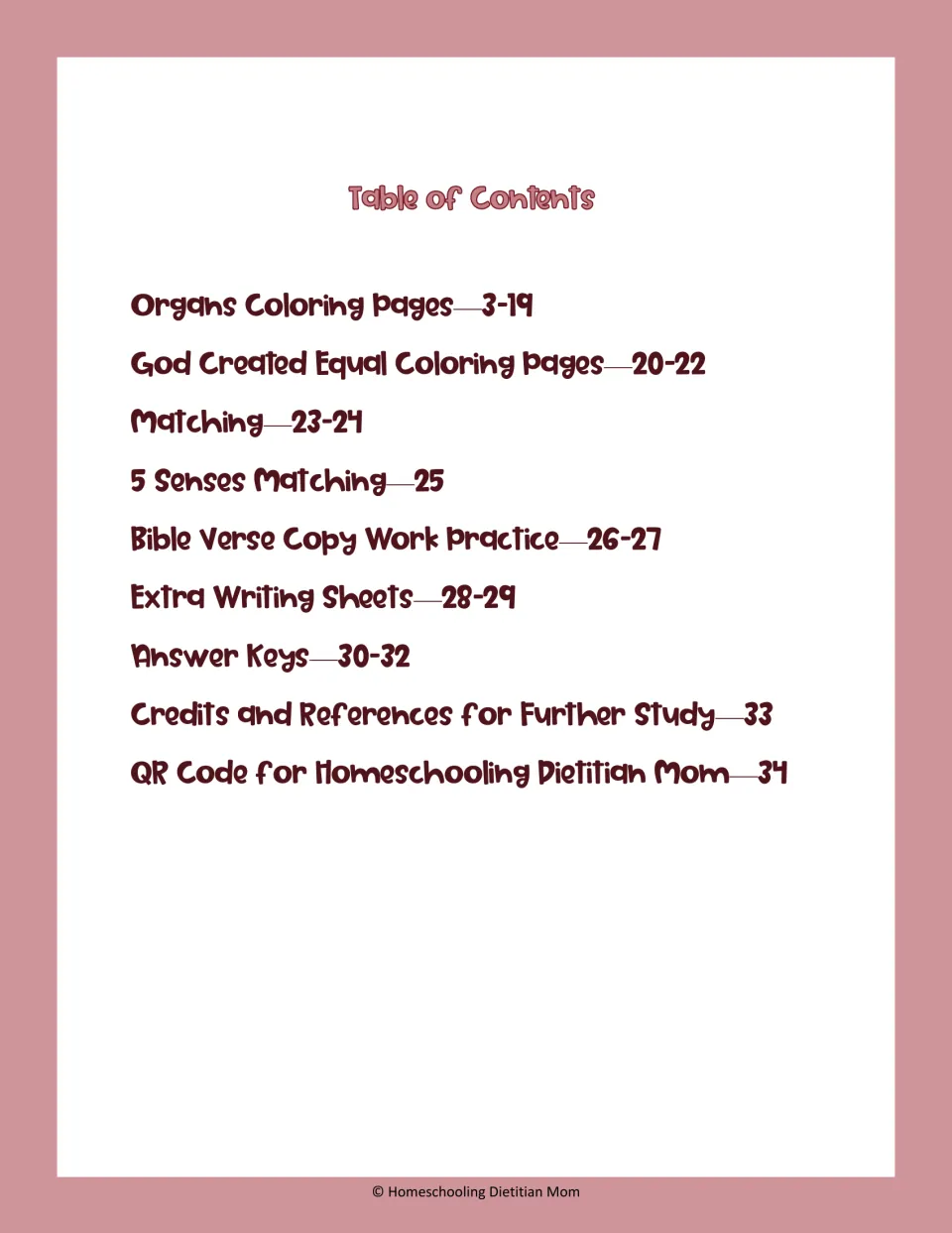 Table of contents lists organ coloring, equality coloring, matching, Bible verse copywork, and answer keys