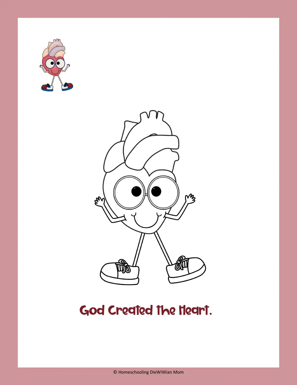 Organ coloring activity featuring a cartoon heart with eyes, arms, and shoes: 'God Created the Heart.'