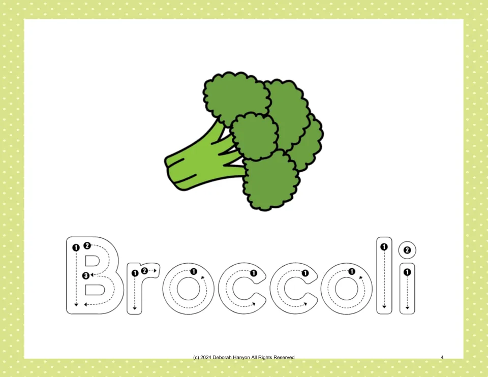 Vegetable handwriting practice: trace 'Broccoli' using numbered stroke arrows beneath a broccoli illustration