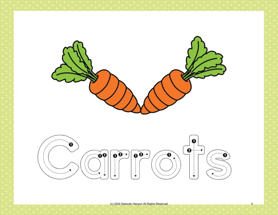 Vegetable handwriting practice: trace 'Carrots' using numbered stroke arrows beneath a picture of two carrots