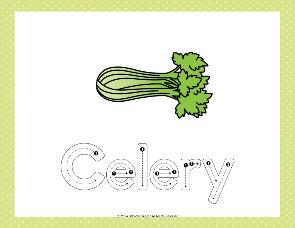 Vegetable handwriting practice: trace 'Celery' using numbered stroke arrows beneath a celery illustration