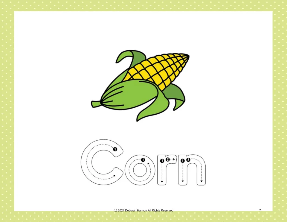 Vegetable handwriting practice: trace 'Corn' using numbered stroke arrows beneath an illustrated ear of corn