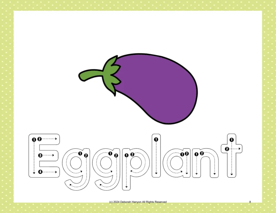 Vegetable handwriting practice: trace 'Eggplant' using numbered stroke arrows beneath an eggplant illustration