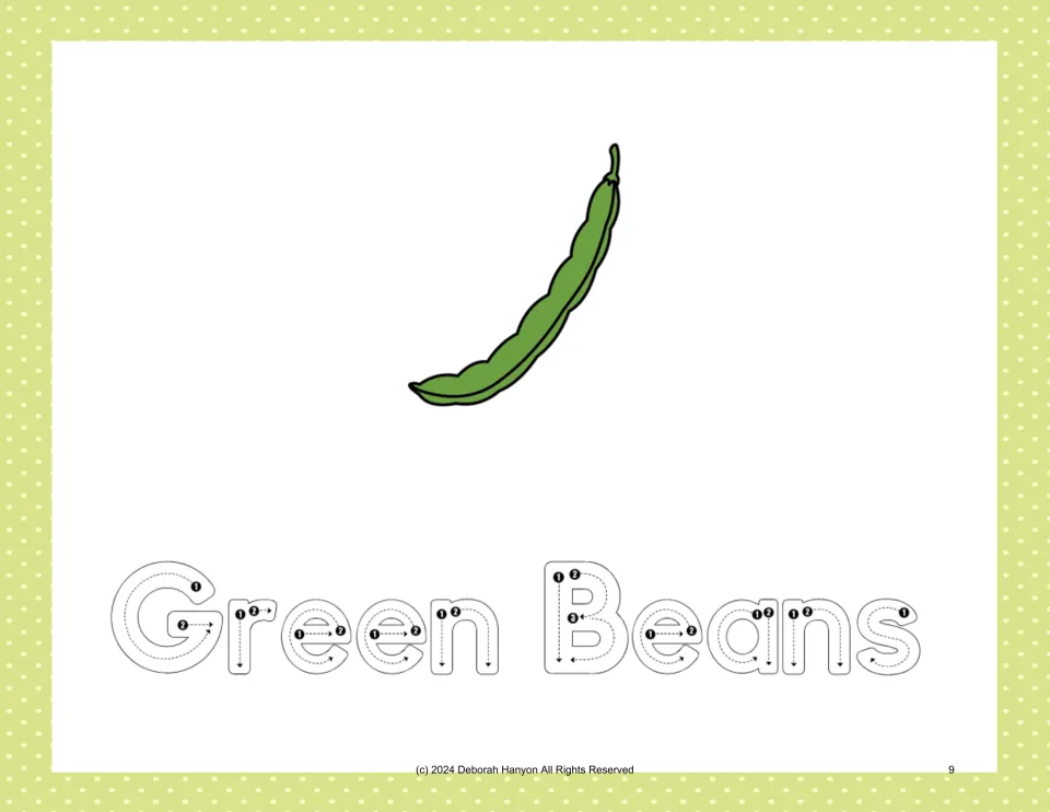 Vegetable handwriting practice: trace 'Green Beans' using numbered stroke arrows beneath a green bean picture