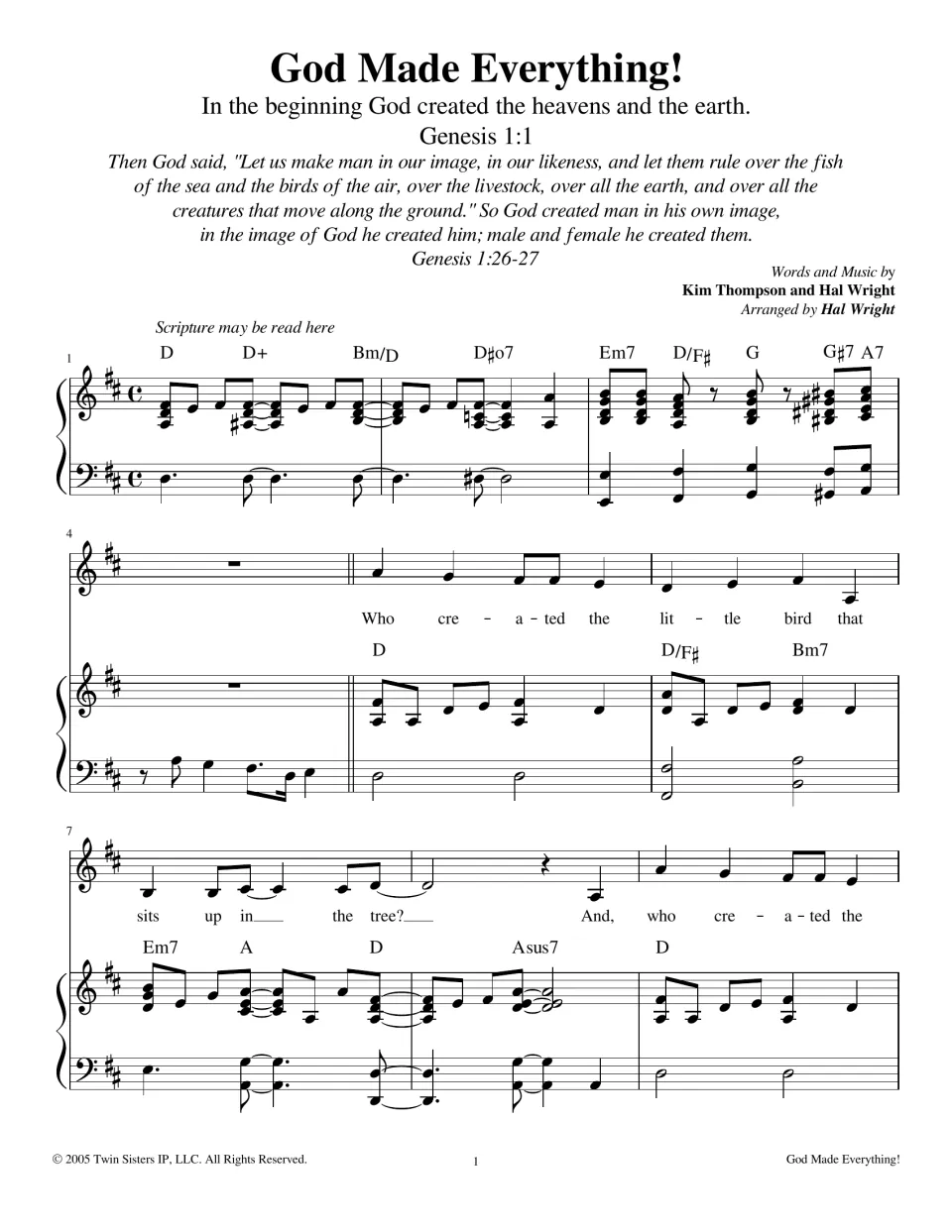 God Made Everything! song opening with Genesis 1:1 and 1:26-27 quotes, piano intro in D and verse about the little bird
