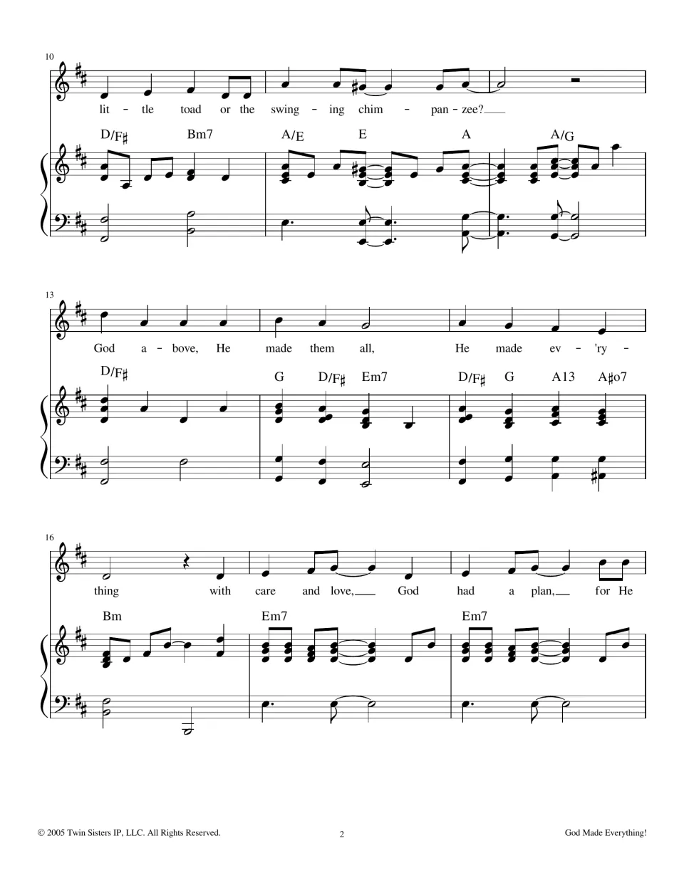 Creation song score, measures 10-18: verse ends with toad and chimpanzee, then chorus begins 'God above, He made them all'