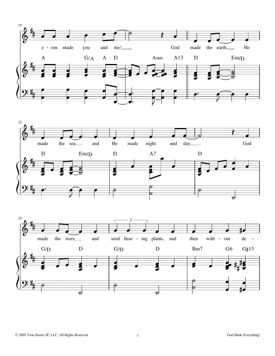 Vocal line and piano part, measures 19-27: chorus ends 'even made you and me!' and verse on earth, sea and seed plants