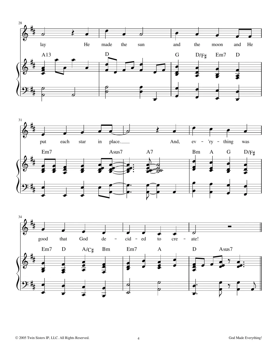 Measures 28-36 of the song: lyrics on the sun, moon and stars, ending 'everything was good that God decided to create!'