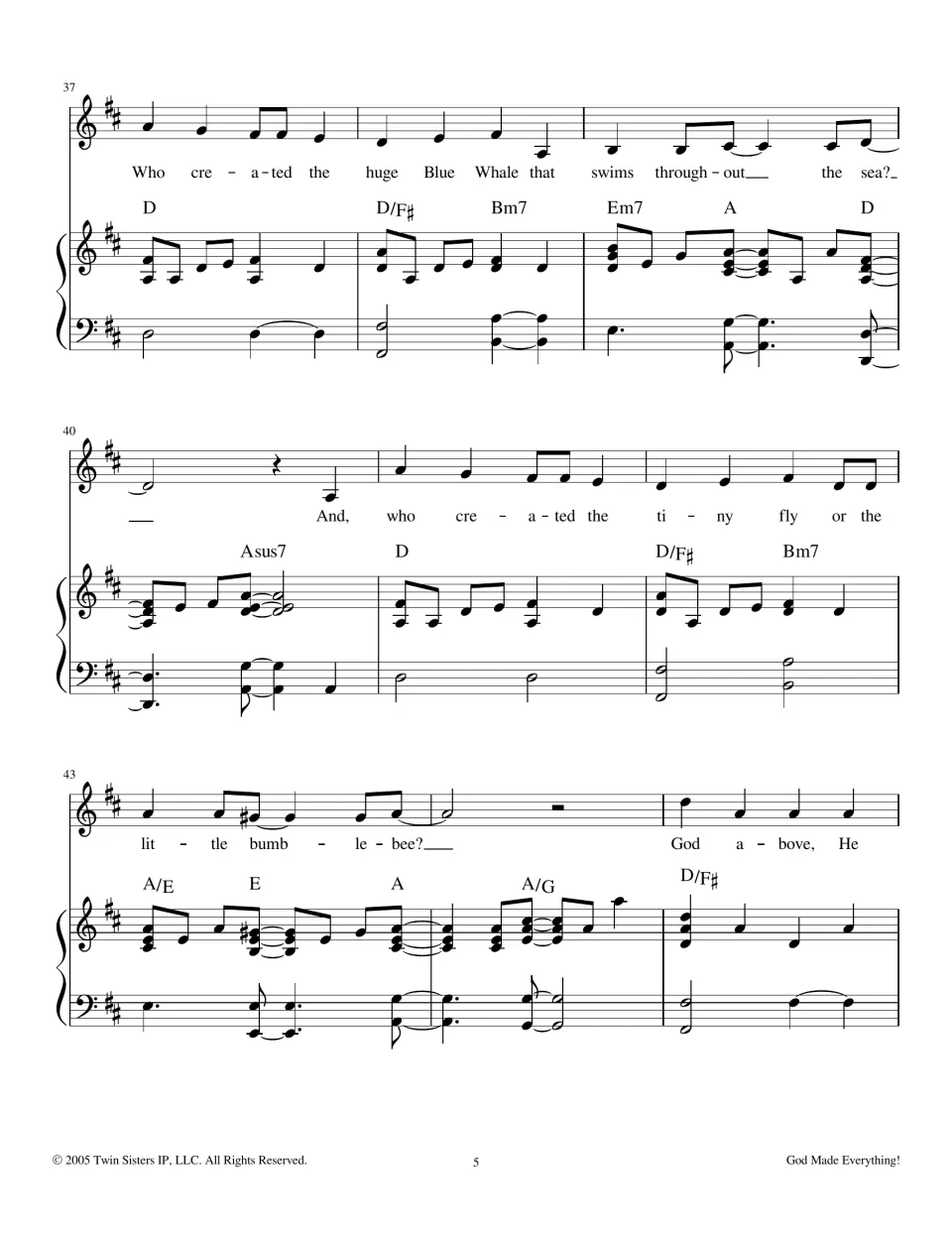 Second verse, measures 37-45: singers ask who created the huge Blue Whale, the tiny fly and the little bumblebee