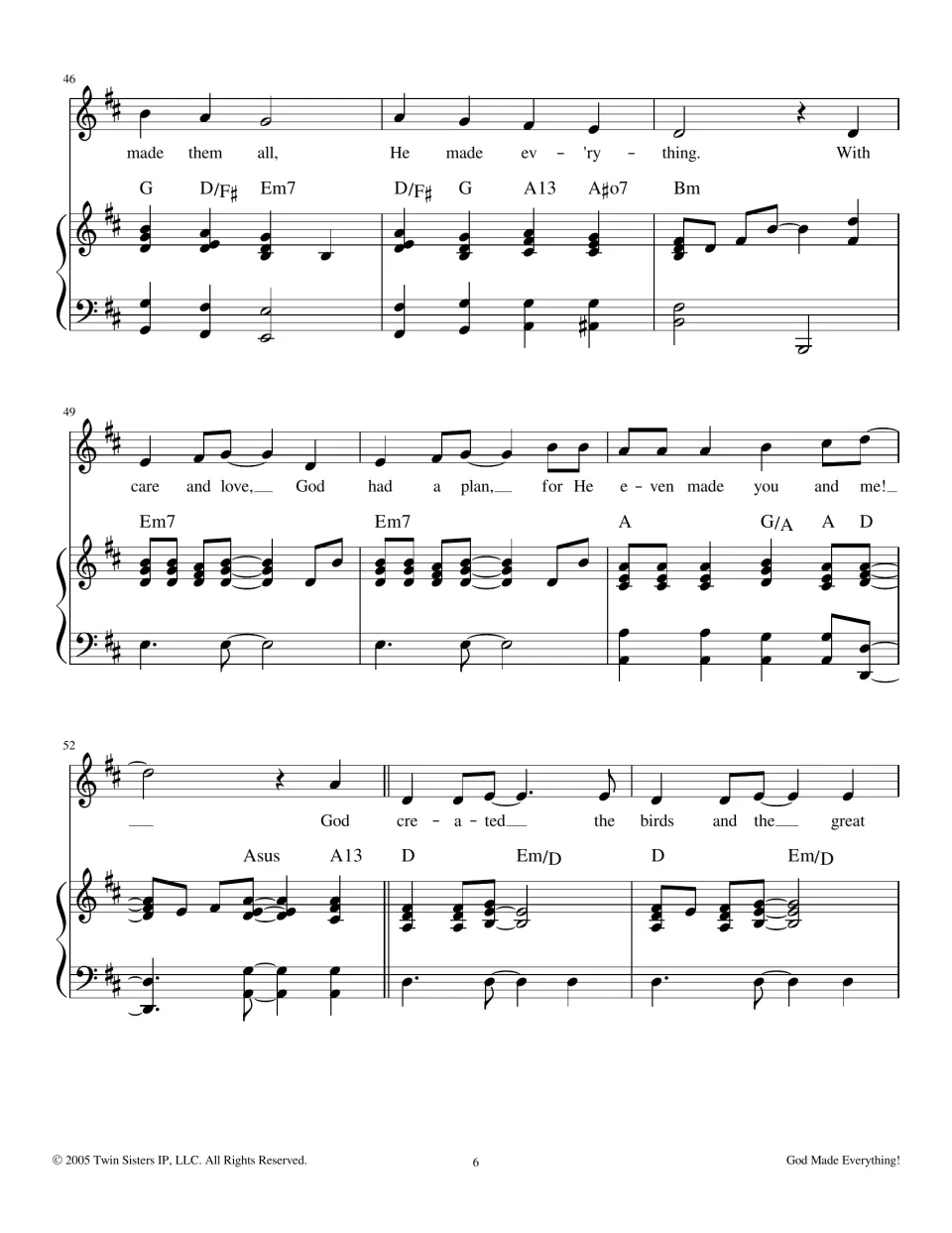 Chorus repeat and new section, measures 46-54: 'He made everything with care and love' then 'God created the birds'