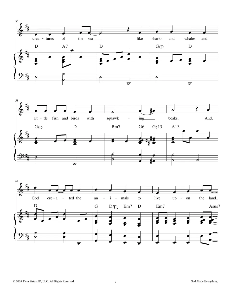 Measures 55-63 with chords: lyrics on sea creatures like sharks, whales and fish, birds with squawking beaks, land animals