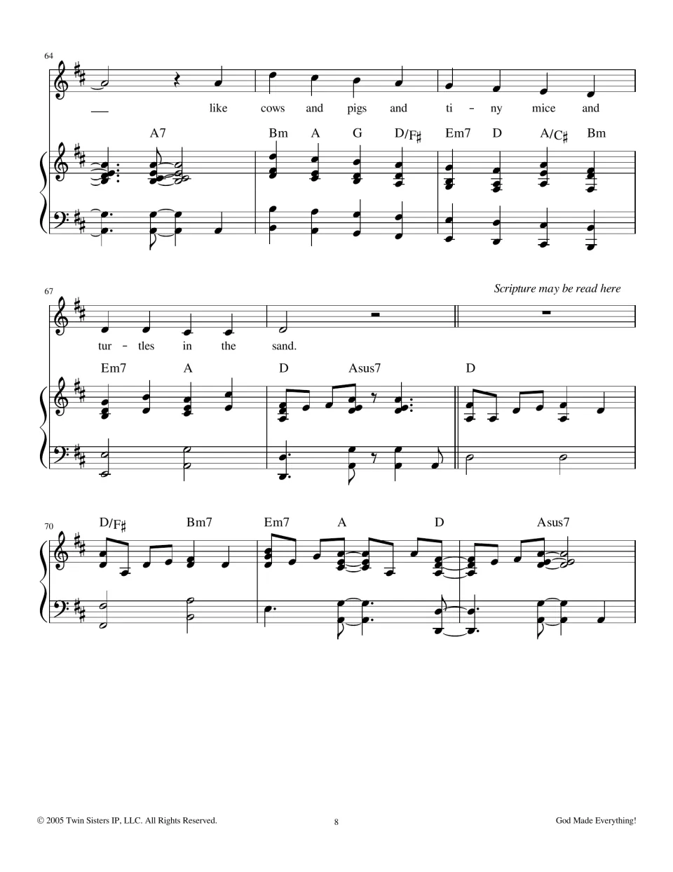 Measures 64-72: lyrics on cows, pigs, tiny mice and turtles in the sand, then a piano interlude for a scripture reading