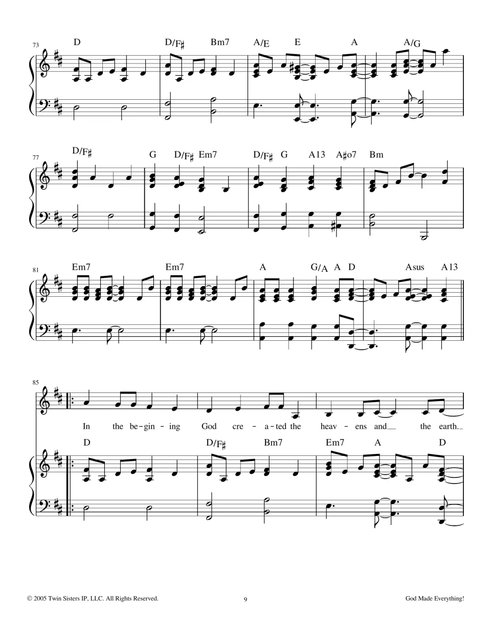 Piano interlude in measures 73-84 with chord symbols, then a repeat: 'In the beginning God created the heavens'