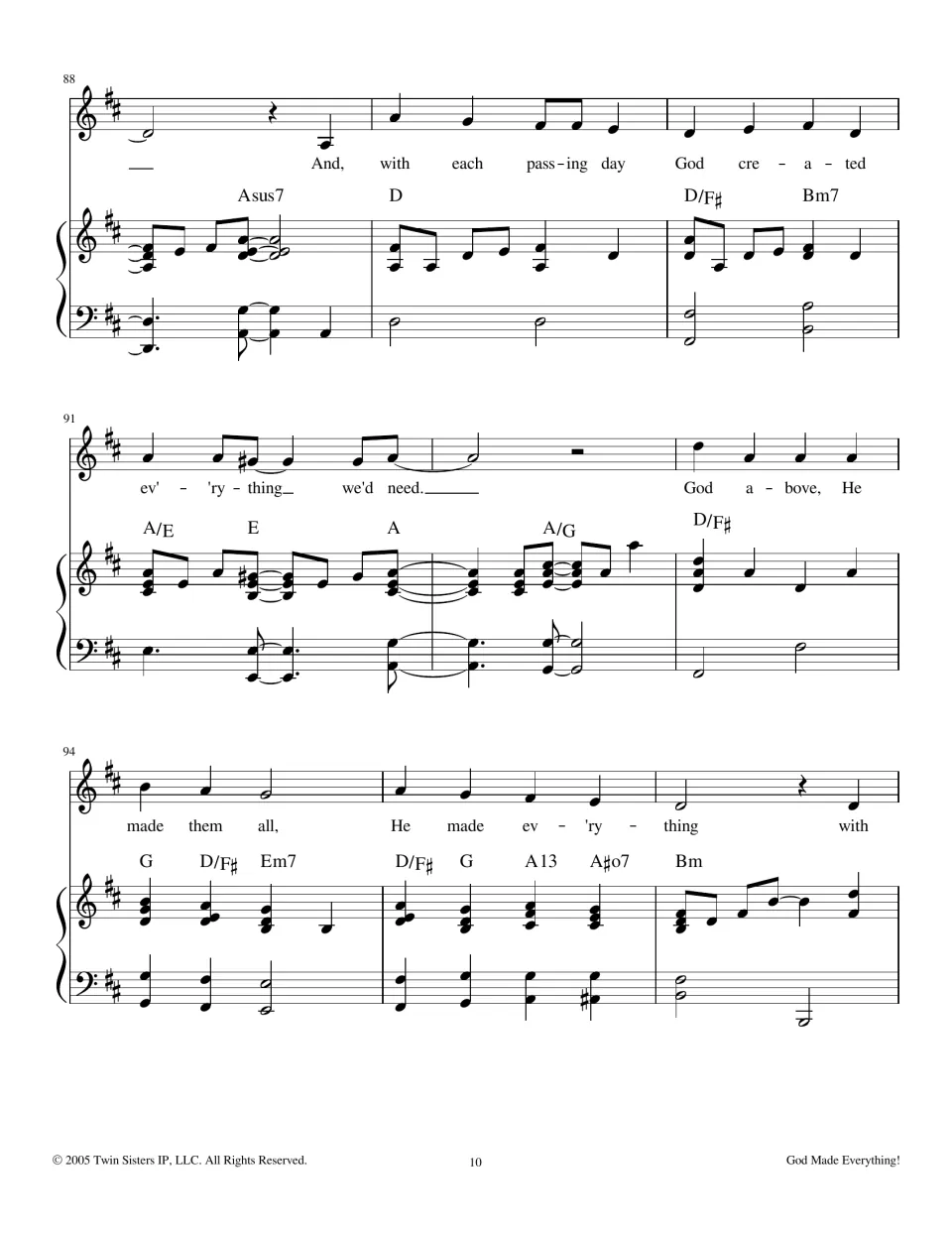 Measures 88-96: 'with each passing day God created everything we'd need' then the chorus 'God above, He made them all'