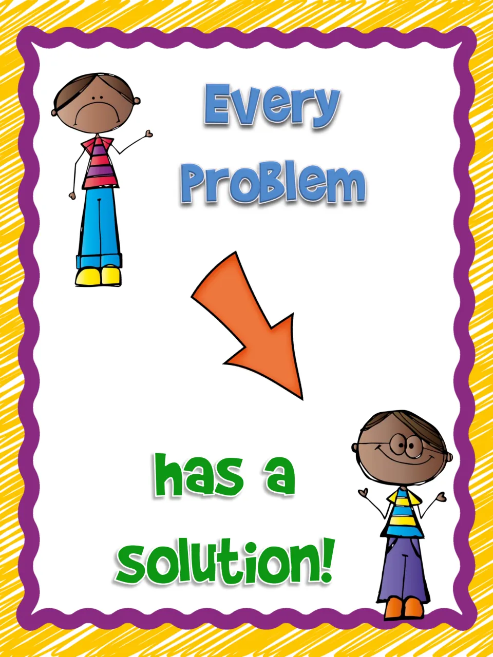 Problem and solution poster reading 'Every problem has a solution!' with an arrow from a frowning boy to a smiling boy