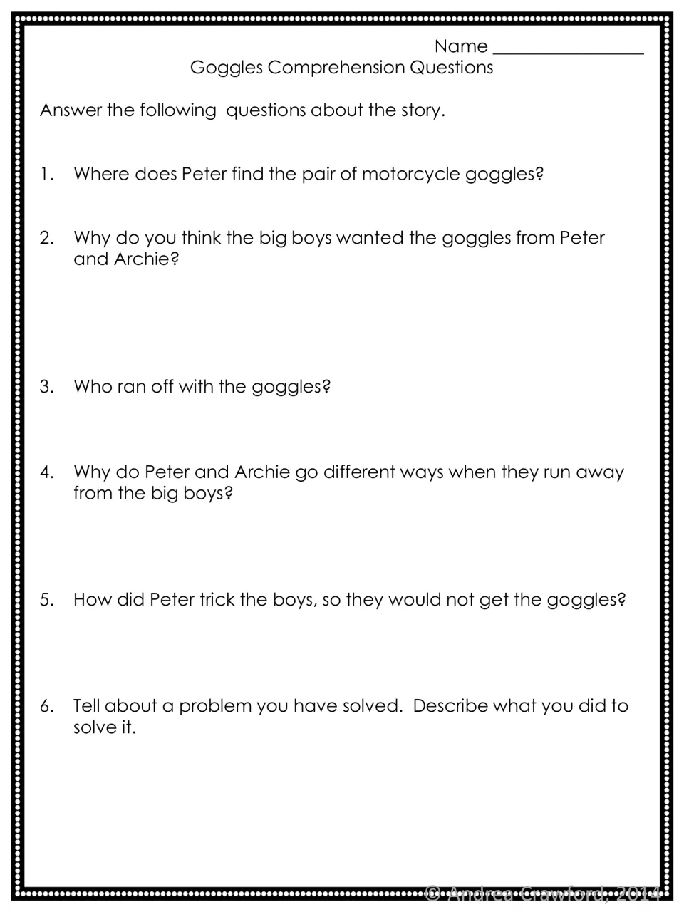 Comprehension questions: students answer six items on where Peter found the goggles, the big boys and Peter's trick