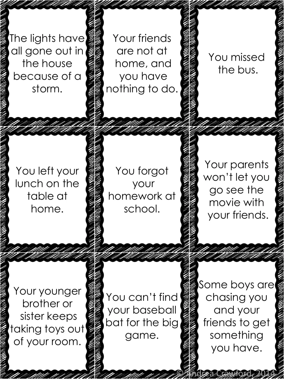 Problem cards: nine everyday problems to cut apart, such as missing the bus, a storm blackout and forgetting homework