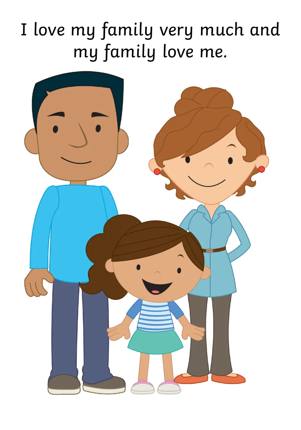 Social story page on family love: a smiling girl stands with her parents above the line “I love my family very much”