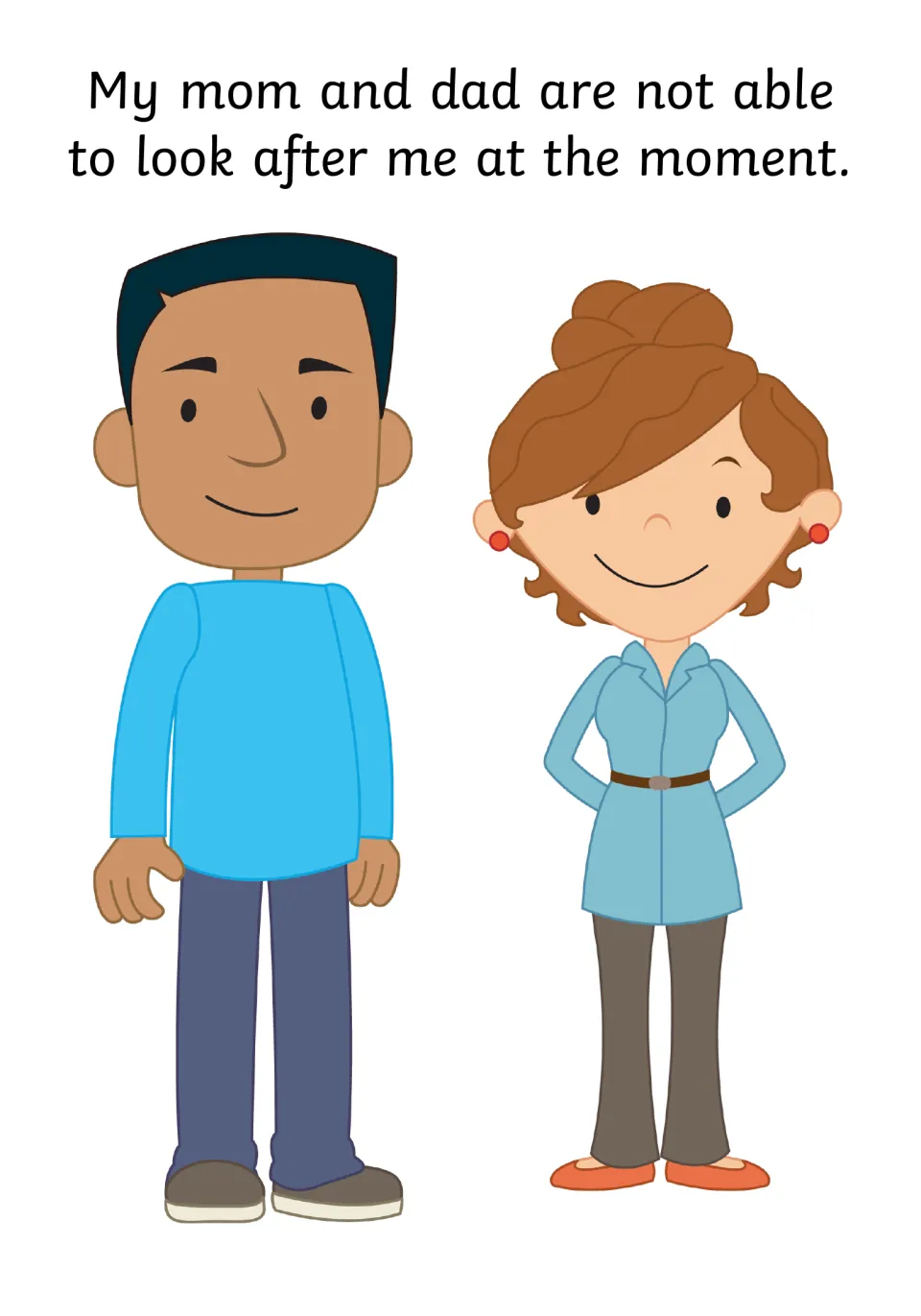 Social story page explaining that mom and dad cannot look after the child right now, shown with the two parents standing