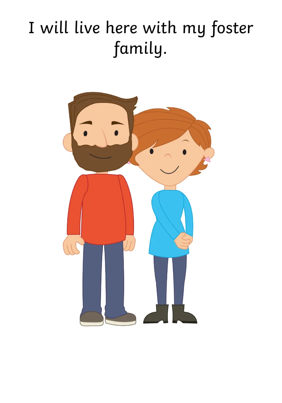 Social story page introducing the foster family: a bearded man in a red top and a smiling woman in blue stand together