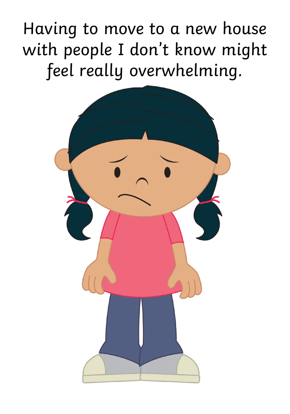Feelings page naming overwhelm about moving in with people the child doesn’t know, shown by a sad girl with pigtails