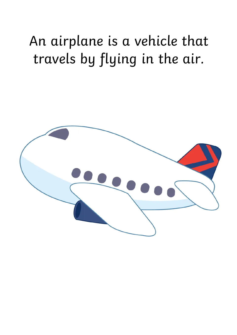 Social story page 2 defines an airplane as a vehicle that travels by flying in the air, with an airplane.